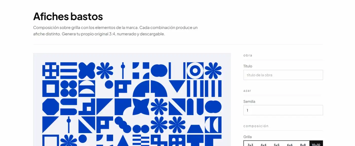 Grabación del generador: se ajustan título, semilla y grilla, y la composición de elementos se rehace.
