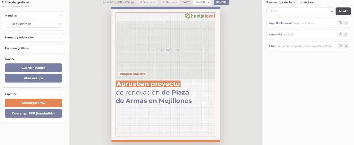 Grabación del editor en uso: se elige una plantilla, se ajustan los recursos gráficos y se exporta la pieza.